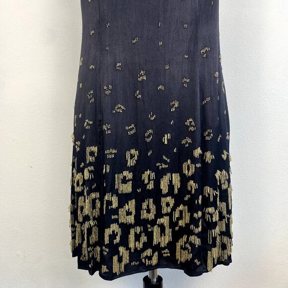 Anthropologie Beaded Halter Dress Black Flapper Gold Sequin Fringe Gatsby Party - Picture 9 of 12